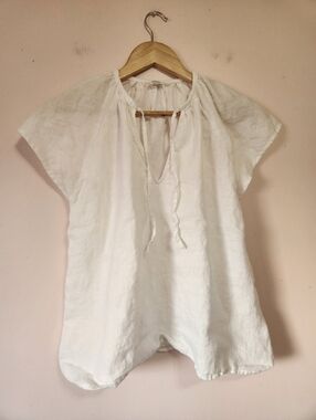 Aritzia Wilfred White Organic Linen Peasant Blouse Tie Front Boho Top Size XS
